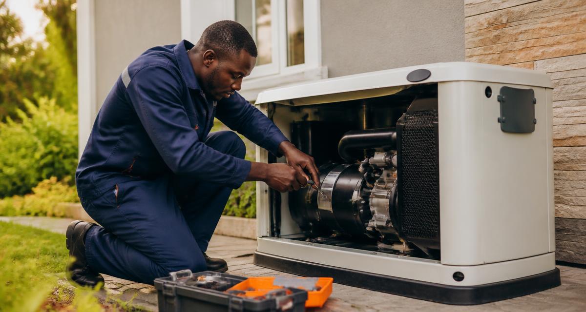 A technician servicing a home generator in Nigeria